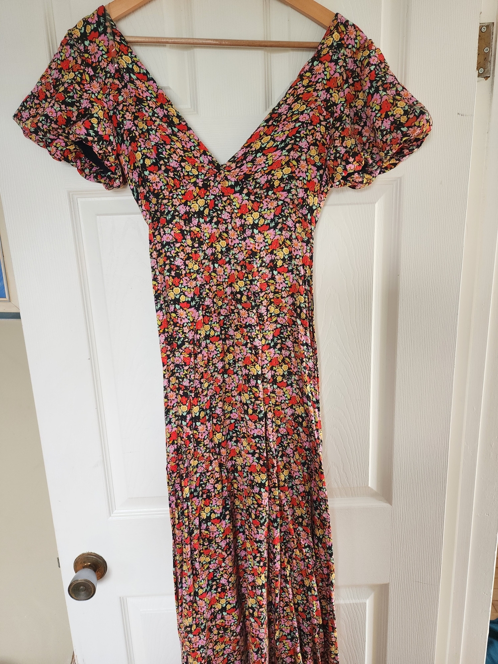 Rewind Black Floral V-Neck Maxi Dress with Puff Sleeves